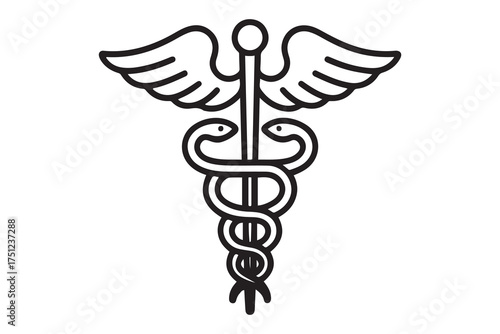 Caduceus health symbol Asclepius's Wand icon black color. one line Icon drawing with white background