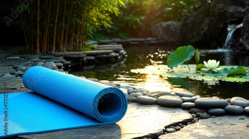 Yoga mat on stone path near peaceful pond with lily pads, waterfall