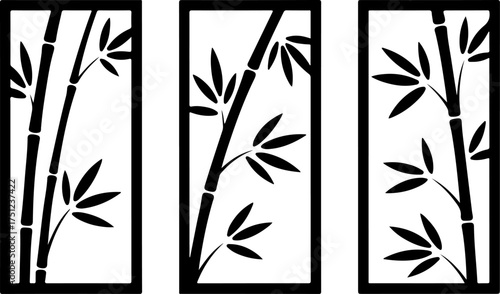 3 rectangular panels with bamboo stalk and leaves laser cut pattern