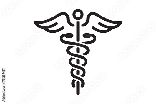 Caduceus health symbol Asclepius's Wand icon black color. one line Icon drawing with white background