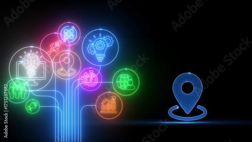 Wallpaper Mural Network of glowing neon icons representing ideas, business, and technology on a dark background abstract Torontodigital.ca