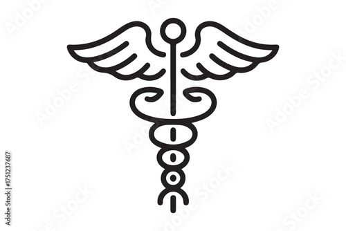 Caduceus health symbol Asclepius's Wand icon black color. one line Icon drawing with white background