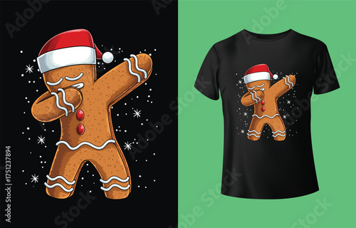 Funny dabbing gingerbread man character wearing santa hat with snowflakes festive christmas design for apparel