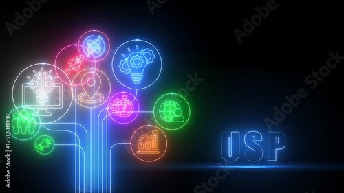 Wallpaper Mural Neon USP Business Icons Connected to USP Text on Dark Background unique selling proposition connection Torontodigital.ca