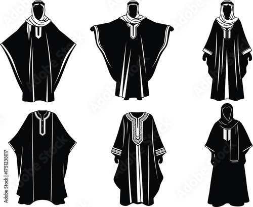 Middle Eastern men’s clothing, traditional robe illustration, keffiyeh style, cultural attire, black silhouette art, ceremonial fashion, ethnic garment design