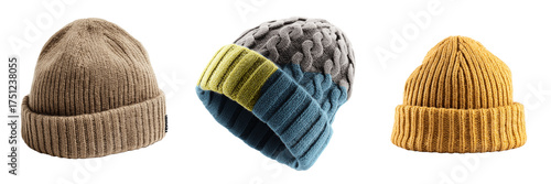 Set of Warm yellow winter hat, neatly placed on transparent png background. Ai generated