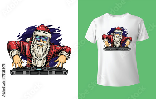Cool santa claus djing at a party wearing sunglasses and a festive outfit with a t shirt mockup