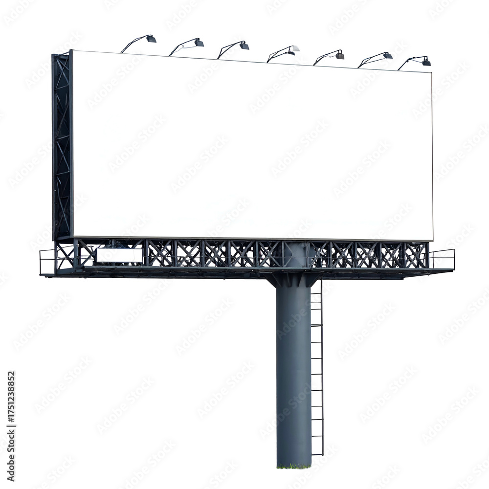 Obraz premium A blank, tall rectangular sign held by a concrete pillar, lit with overhead lights, isolated