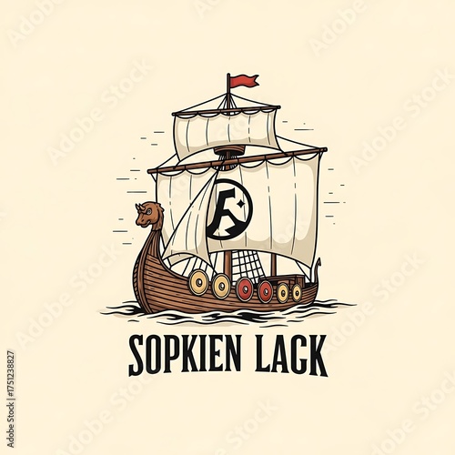 Sopkien Lack Viking Ship Illustration with Distinctive Sail Emblem.
