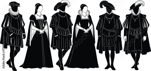 Renaissance fashion illustration, historical costume design, vintage European clothing, puffed sleeves, feathered hats, theatrical outfit, royalty style, medieval garments