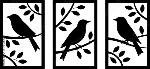 3 rectangular panels with bird silhouettes sitting on branches 