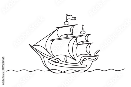 Pirate boat ship. one line Icon drawing with white background