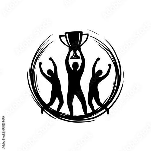 Vector art of three silhouetted people celebrating with a trophy