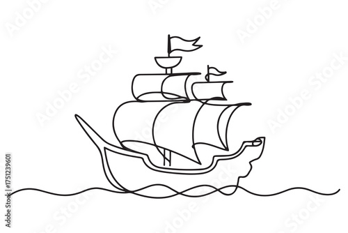 Pirate boat ship. one line Icon drawing with white background
