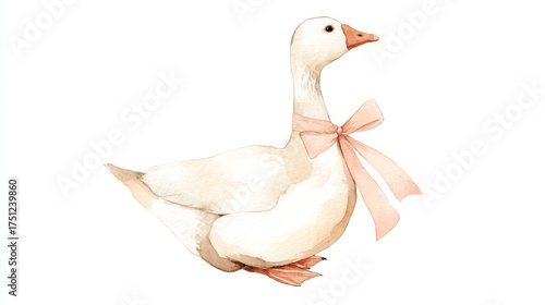 White goose with a pink bow stands gracefully against a plain background in a charming and artistic style