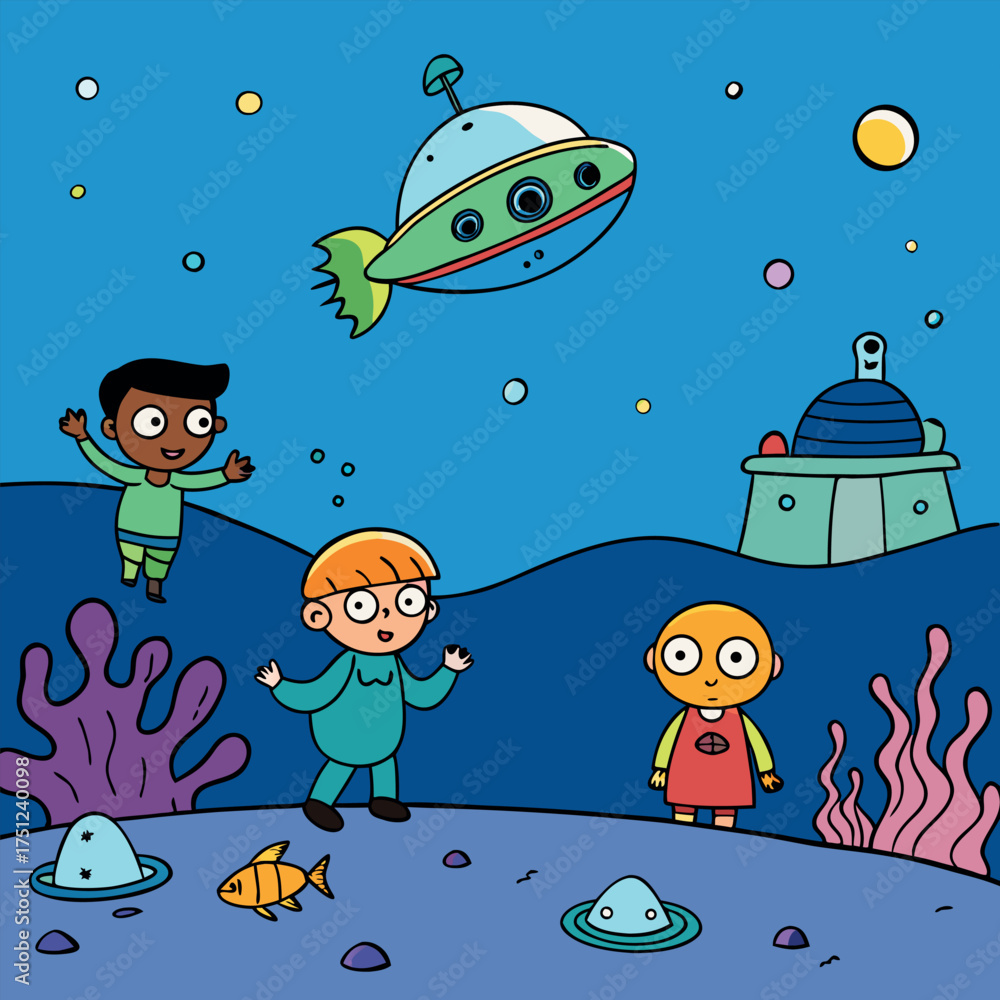 Naklejka premium Children exploring a vibrant alien underwater world