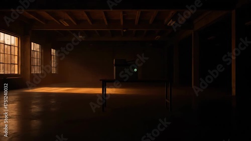 Dimly lit room with light streaming through windows, table in center