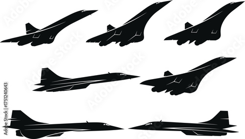 Supersonic aircraft silhouette set, Concorde and military jets, high-speed aviation vector icons, aerodynamic flight design for aerospace illustration use