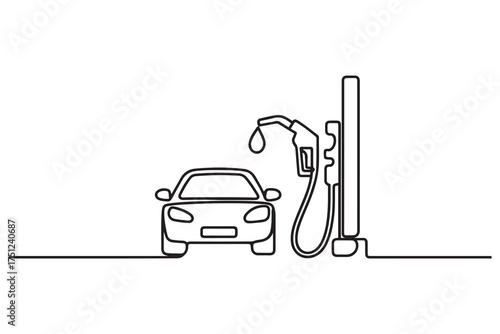 Black refuelling gas in a car design. one line Icon drawing with white background