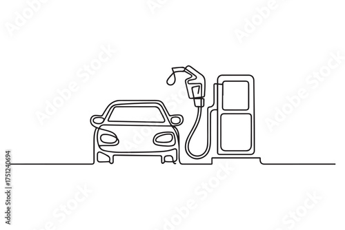 Black refuelling gas in a car design. one line Icon drawing with white background