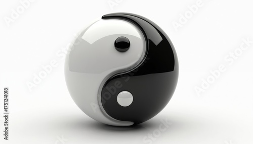 Glossy black, white Yin Yang symbol represents balance, harmony in life. Round shiny object shows duality, spiritual connection. Ancient Tao philosophy concept illustrated. Modern design promotes