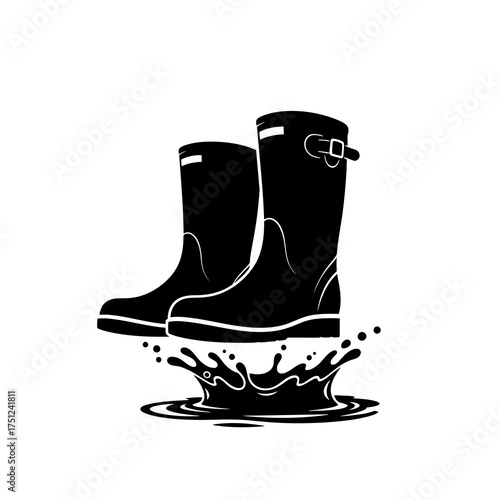 Black rubber boots splashing in water