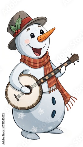 Snowman playing banjo with joyful mood on white background copy space