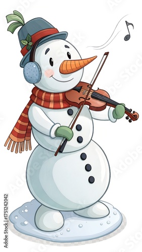 Snowman playing violin with joyful mood on white background copy space