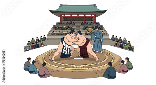 Traditional Japanese Sumo Wrestling Match in a Sacred Ring