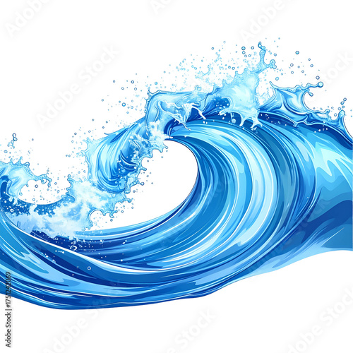 A stylized illustration of a curling ocean wave, rendered in shades of blue