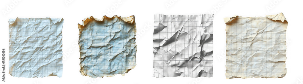 Fototapeta premium Four crumpled and torn pieces of old paper with handwritten lines, isolated on transparent background