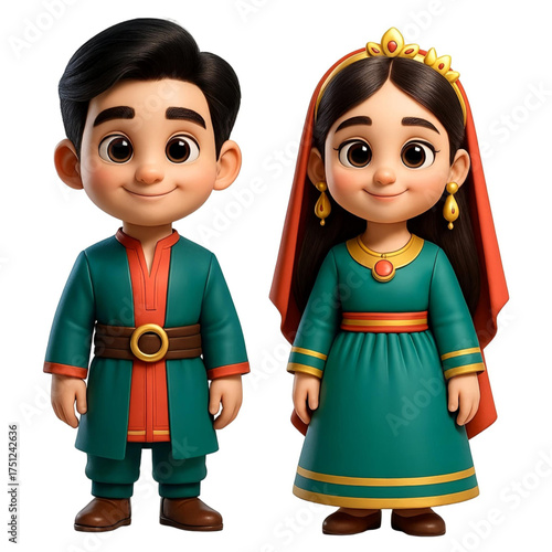 Two children in traditional attire stand smiling. The boy wears a teal outfit with a brown belt, and the girl wears a matching dress with a red headscarf