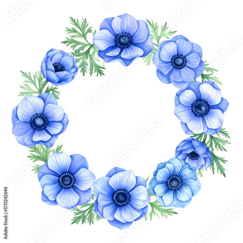 Watercolor illustration of a floral wreath composed of blue anemone blooms and green foliage