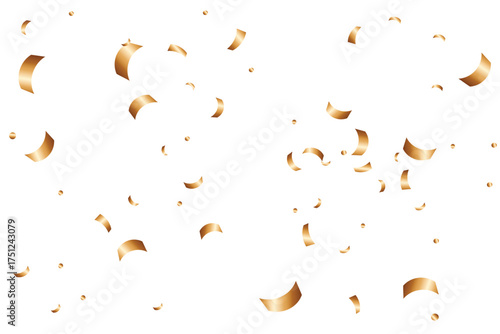 Golden confetti falling celebration background. Falling shiny golden confetti isolated on transparent background. Bright festive tinsel of gold color.