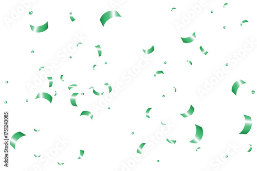 Green confetti falling celebration background. Falling shiny metallic green confetti isolated on transparent background. Bright festive tinsel of green color.