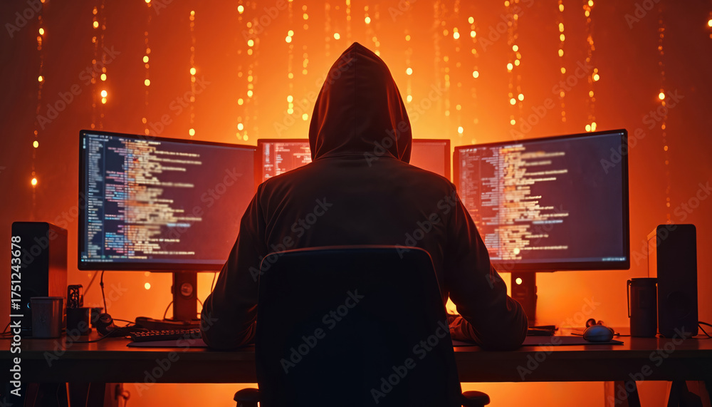 Fototapeta premium Person in hoodie types code on multiple monitors. Cybercriminal works late at night in dark room. Anonymous person hacks computer system with glowing screens. Online threat, data breach.