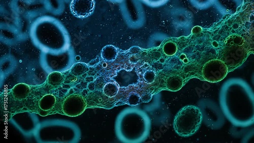 Microscopic view of cells and structure, science or medical concept.