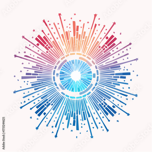 Abstract radial design featuring a central eye-like element with radiating lines and color gradient from red to blue.