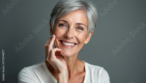 Mature woman smiles gently, touching her cheek in a studio portrait. She has short gray hair and looks radiant and content, advertising healthy aging and beauty.