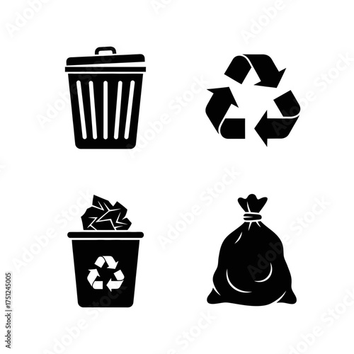 Icon Set of Garbage Recycling Symbols with Trash Bin and Bag  