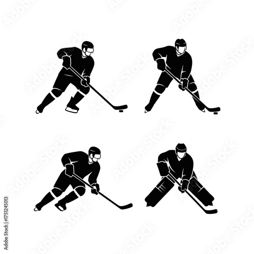 Hockey Player Icon Set Displaying Various Actions in Black Silhouette  
