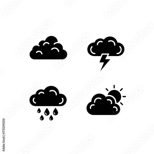 Cloud Weather Icon Set Featuring Rain, Thunder, and Sun  