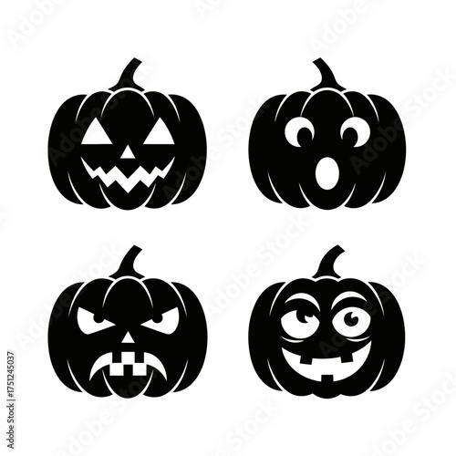 Halloween pumpkin faces icon set in black and white  