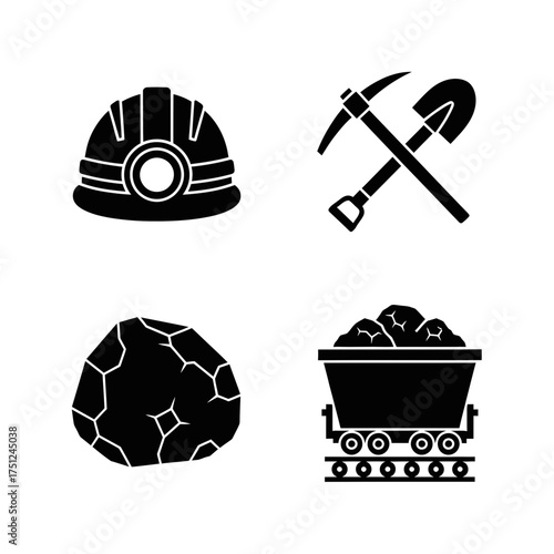 Coal Mining Icon Set Featuring Tools and Materials  