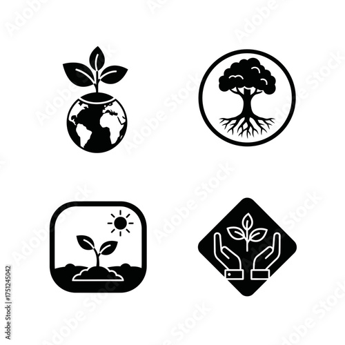 Ecology Icon Set Featuring Plants and Earth in Black Design  
