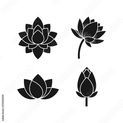 Lotus Flower Icon Set in Black Style  