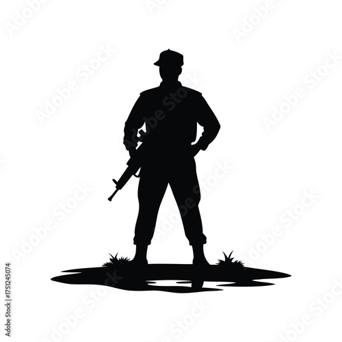 Silhouette of a soldier standing guard with an assault rifle in hand, soldier in military base silhouette vector illustration