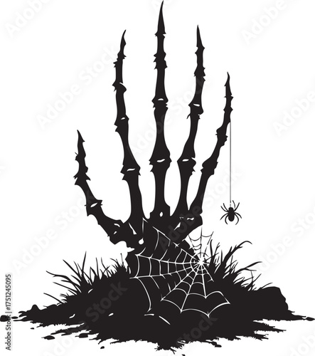 Skeletal hand rising from grave with spider and grass in black and white vector for Halloween, horror, and spooky themes