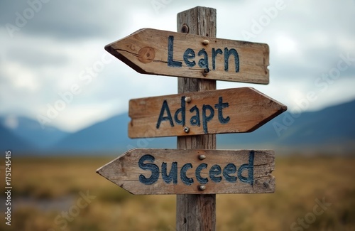 Wooden signpost shows directions learn adapt succeed in nature. Three signs point towards personal growth development. Cloudy sky, mountains visible afar. Sign with motivation words in outdoors place.