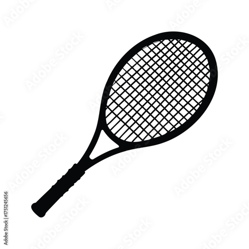 A black silhouette of a tennis racket displayed on a white background, tennis racket silhouette vector illustration